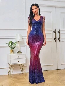 Ombre Sequin Formal Dress - Red Violet - View 6