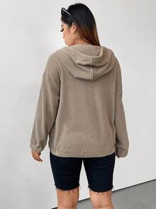 Flirla Plus Letter Graphic Drop Shoulder Hooded Fleece Sweatshirt - Apricot - View 2