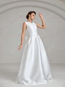 Sophisticated Wedding Dress Bridal Gown With Boat Neckline, Sleeveless Backless Design & Dramatic Waist Bow Accent – A-Line Silhouette For Weddings, Formal Ceremonies, Church Events, Black-Tie Galas, And Destination Celebrations,Bride