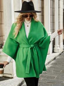 Chiquease Manteau Col Cascade Manches Chauve-Souris Ceinturé - Vert - Voir 1