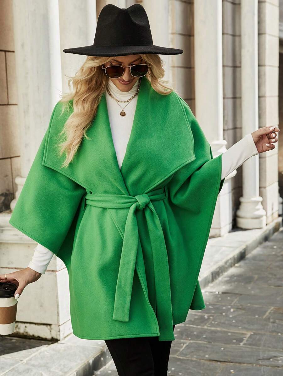 Chiquease Manteau Col Cascade Manches Chauve-Souris Ceinturé - Vert - Voir 1