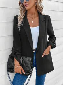SHEIN LUNE 西裝領捲邊袖西裝外套 - 黑色 - 查看 5