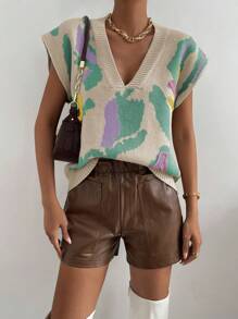 SHEIN LUNE Graphic Pattern Batwing Sleeve Sweater Vest - Apricot - View 6