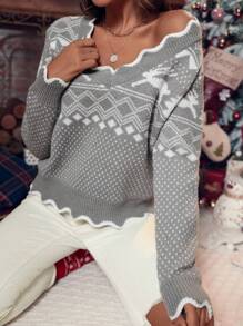 SHEIN LUNE 聖誕圖案扇貝邊毛衣 - 灰色 - 查看 3