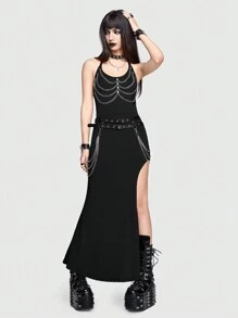 ROMWE Goth Chain Detail Split Thigh Halter Dress - Black - View 1