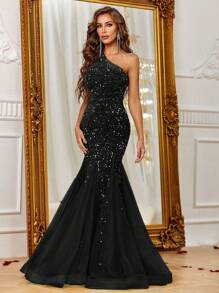 Elegant One Shoulder Sparkly Sequin Connect Mesh Maxi Mermaid Hem Formal Dress For Women - Black - View 3