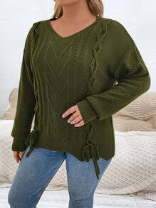 Calvaya Plus Áo len trễ vai có dây buộc phía trước - màu xanh lá - Xem 6