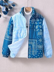 Tween Boy Paisley Scarf Print Zip Up Padded Coat Without Sweater - Multicolor - View 1