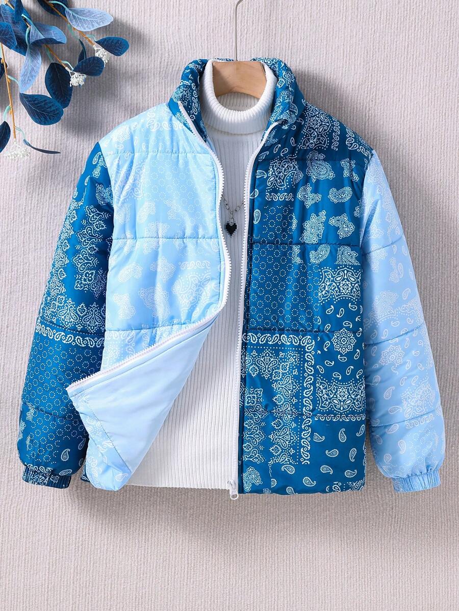 Tween Boy Paisley Scarf Print Zip Up Padded Coat Without Sweater - Multicolor - View 1