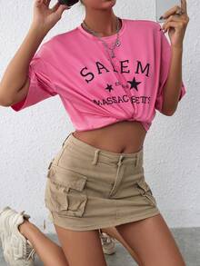 SHEIN EZwear 字母圖案落肩T恤 - 粉色 - 查看 5