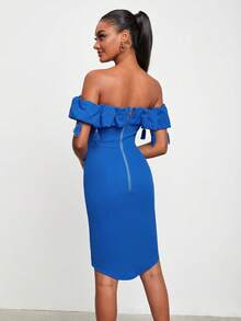 Ashanti Andrews Off Shoulder Tua Viền Ruffle Váy bodycon - Màu xanh lam - Xem 2