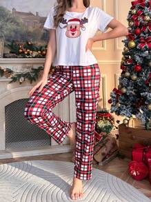 圣诞麋鹿和格子印花睡衣套装/睡衣套装 - 紅色 - 查看 5