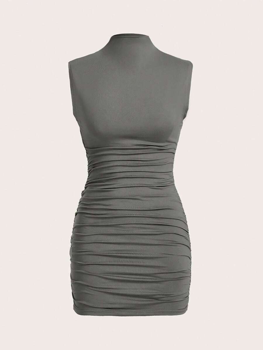 SHEIN EZwear Gray Mock Neck Ruched Bodycon Dress - Grey - View 1