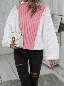 SHEIN Essnce 雙色高領燈籠袖套頭毛衣 - 彩色 - 查看 3