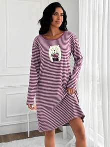 EURMUSE Striped & Cartoon Flocking Drop Shoulder Nightdress - Purple - View 3