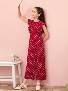 SHEIN Tween Girl Ruffle Armhole Wide Leg Polka Dot Jumpsuit