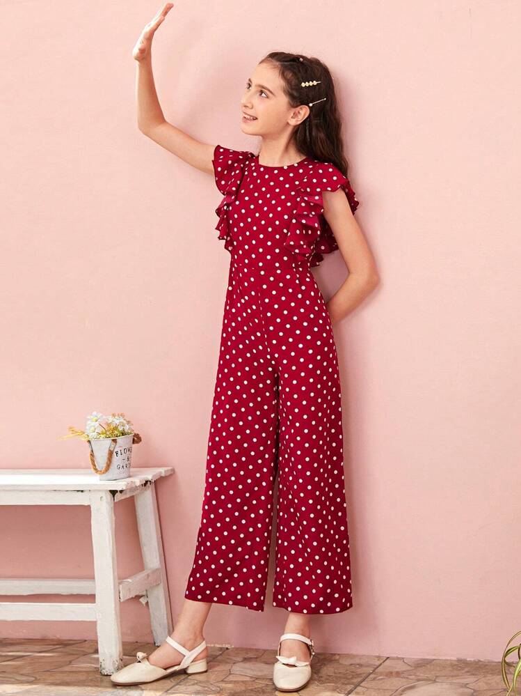 SHEIN Tween Girl Ruffle Armhole Wide Leg Polka Dot Jumpsuit - Burgundy - View 1