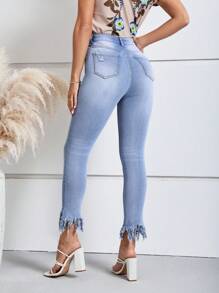 SHEIN LUNE Fringe Hem Ripped Skinny Jeans - Light Wash - View 2