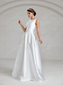 Sophisticated Wedding Dress Bridal Gown With Boat Neckline, Sleeveless Backless Design & Dramatic Waist Bow Accent – A-Line Silhouette For Weddings, Formal Ceremonies, Church Events, Black-Tie Galas, And Destination Celebrations,Bride