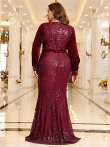 Plus Split Sleeve Sequin Formal Dress - Burgundy - View 2