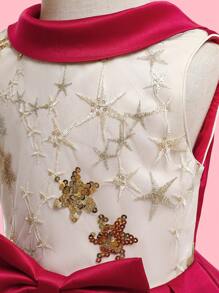 Girls' Star & Glitter Detail Red And Golden Princess Party Dress With Fluffy - Red - View 5