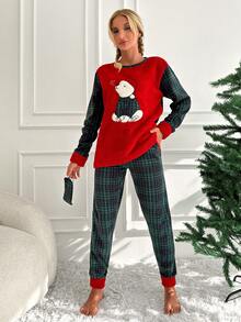 RueChic Bear Embroidery Plaid Print PJ Set - Red - View 4