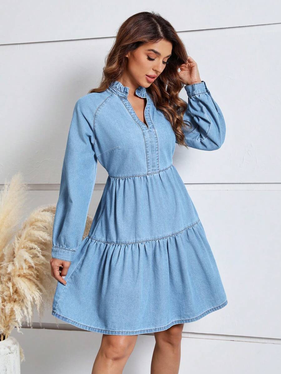 SHEIN LUNE 插肩袖荷葉邊牛仔洋裝 - 淺色水洗藍 - 查看 1