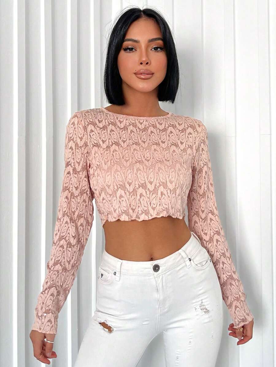 RueChic Solid Crop Lace Tee - Pink - View 1