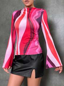 SHEIN Unity Colorblock Mock Neck Trumpet Sleeve Ruched Side Tee - Multicolor - View 1