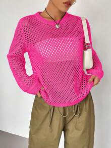 SHEIN Unity 無抹胸純色鏤空針織毛衣 - 玫紅色 - 查看 5