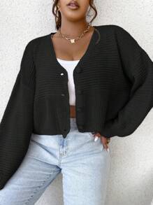 SHEIN Qutie 大碼落肩袖條紋針織開襟衫 - 黑色 - 查看 4