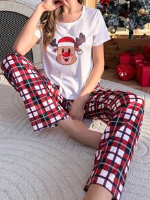 圣诞麋鹿和格子印花睡衣套装/睡衣套装 - 紅色 - 查看 6