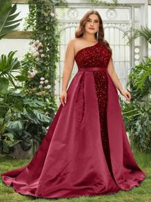 Plus One Shoulder Contrast Sequin Split Thigh Party Dress