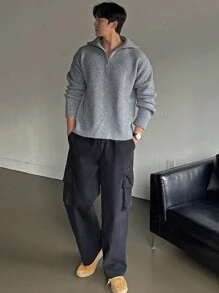 DAZY Men Ribbed Knit Quarter Zip Drop Shoulder Fall Sweater - Grey - View 4