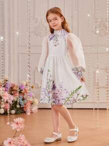 SHEIN Tween Girl Sukienka z kwiatowym nadrukiem, kontrastową siateczką i latarniowymi rękawami