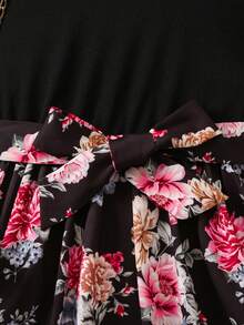 女小童印花荷葉邊繫腰帶洋裝 - 黑色 - 查看 6