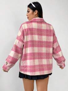 Flirla Plus Plaid Print Drop Shoulder Overcoat - Pink - View 2