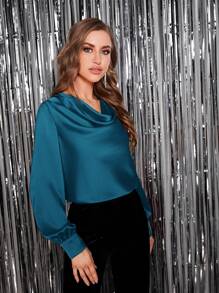 SHEIN BAE 垂墜領燈籠袖緞面襯衫 - 水鴨藍 - 查看 3