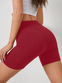 Cottnline Solid Wideband Waist Biker Shorts - Burgundy - View 2