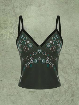 Fairycore Top de tirantes con estampado floral de moda con elementos retro hippie para mujer