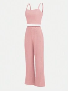 SHEIN 青少年女孩素色吊帶上衣和闊腿褲 - 淺粉色 - 查看 4