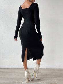 Chiquease 純色方領羅紋針織毛衣洋裝 - 黑色 - 查看 2