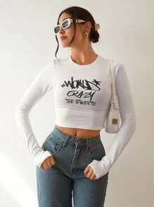 SHEIN Essnce Slogan Graphic Crop Tee WORLD'S CRAZY THE STREETS - White - View 6