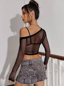 SHEIN ICON Cổ không đối xứng Lưới Lưới cá Top Cây trồng Không có áo ngực - màu đen - Xem 2