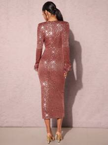 SHEIN BAE Fuzzy Cuff Sequin Bodycon Dress - Brown - View 2