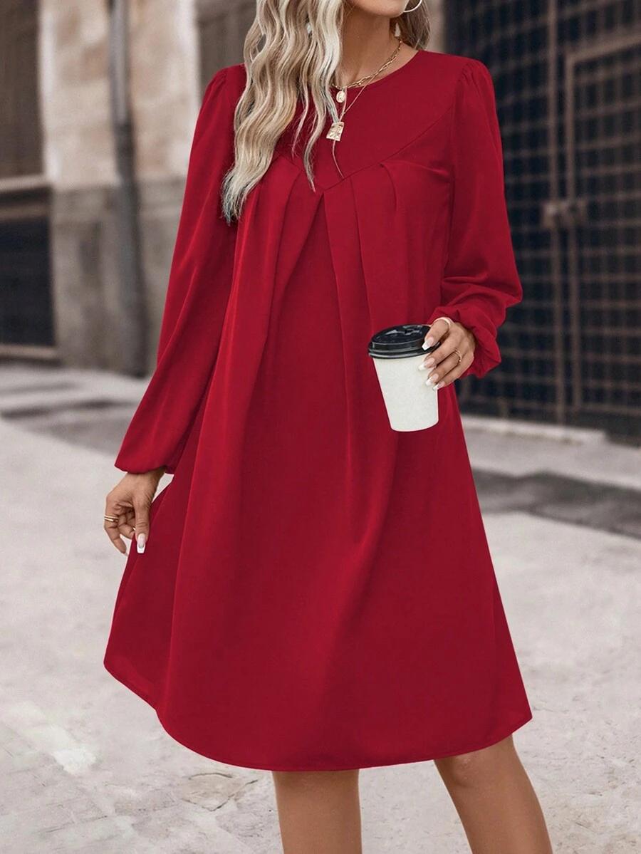 SHEIN LUNE 純色正面褶襉燈籠袖束腰洋裝 - 酒紅色 - 查看 1