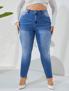 SHEIN Privé Hơn Cao eo Quần jean rách - Rửa trung bình - Xem 5