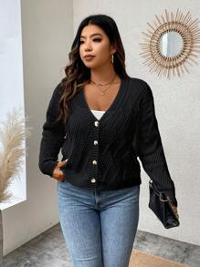 Calvaya Plus Button Through Drop Shoulder Cardigan - Black - View 4