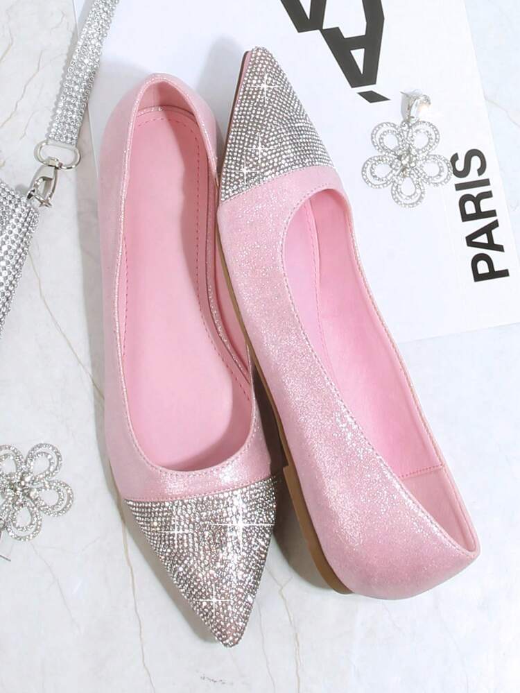 Rhinestone Decor Point Toe Ballet Flats
