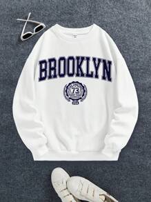 青少年女孩字母圖案加絨內裏運動衫 - 白色 - 查看 1